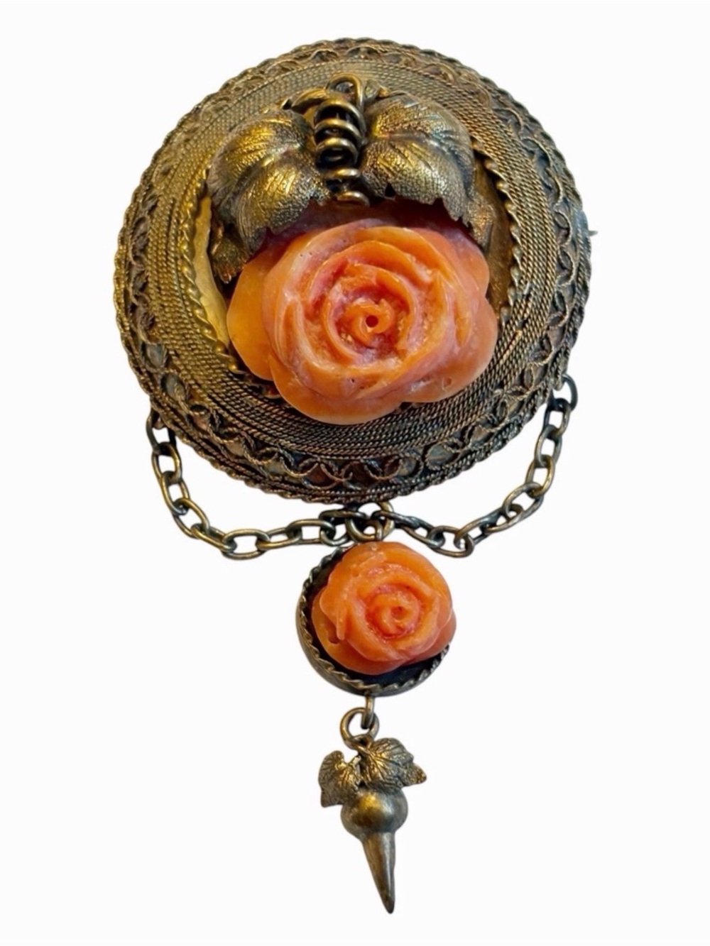 Victorian 14K Gold Hand Carved Salmon Coral Rose & Flowers Large Brooch Tested
